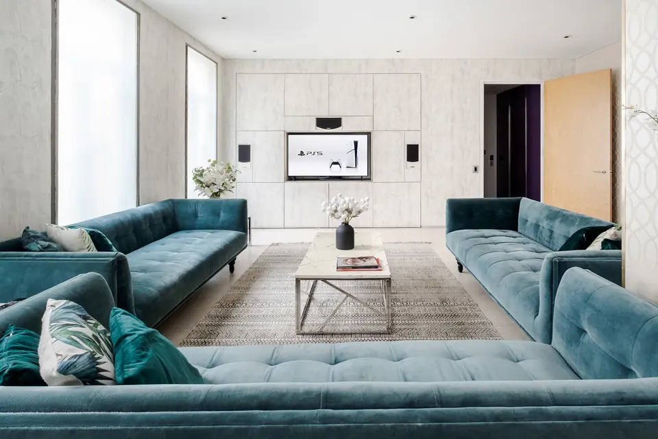 Drawing room with a media wall and PlayStation 5