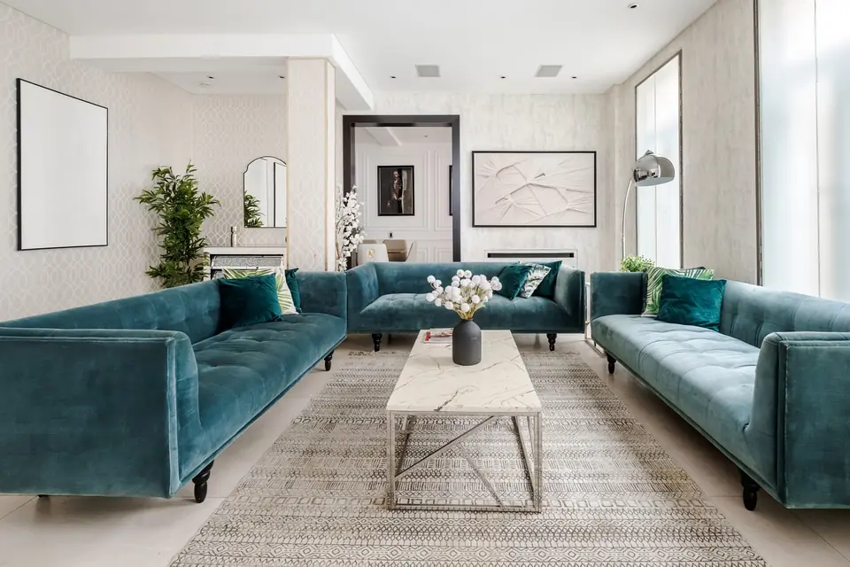 Drawing room with a marble coffee table