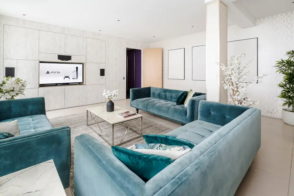 Seating for eight around the television